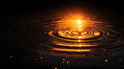 Close-up shot of an oil or liquid droplet impacting a dark, reflective surface, creating concentric orange and gold ripples, emphasizing smooth movement and dramatic light reflection.
