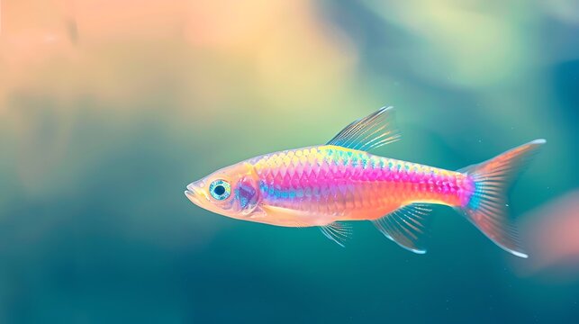 A vibrant, glowing danio fish swims in a colorful, blurred aquatic environment