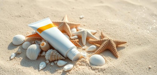 Sunscreen tube nestled among seashells and starfish on a sandy beach, relaxation, shells