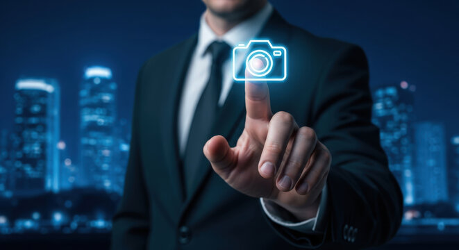 Businessman Touching Digital Camera Icon in Futuristic Cityscape.