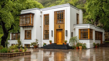 A stylish, modern house with prominent wooden window frames stands in a lush garden setting, reflecting in the wet pavement.