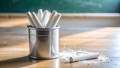 White Chalk Sticks in Metal Bucket on Table with Chalk Dust