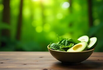 Fresh vibrant green salad with avocado and cucumber in a bowl on rustic wooden table, bathed in soft dappled sunlight, perfect for healthy eating inspiration and wellness content.