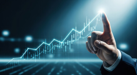 Digital Stock Market Growth Chart with Finger Pointing Upwards.