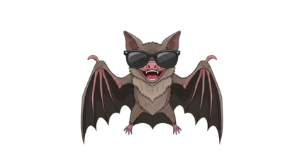 Cartoon bat wearing sunglasses with wings spread against a white background.
