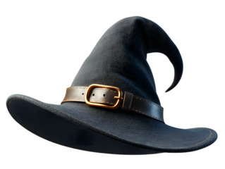 Cute cartoon witch hat with tilted tip and stylish buckle isolated on transparent background, playful whimsical vector illustration