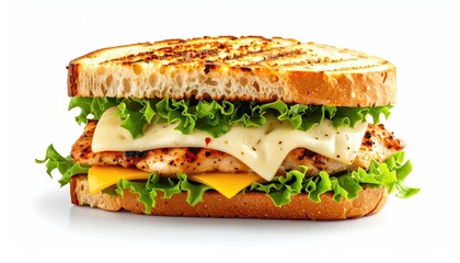 Grilled chicken sandwich with melted cheese and lettuce on toasted bread, isolated on white