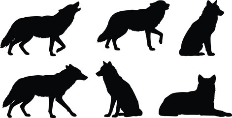 Wolf silhouette collection, wild animal vector, howling wolf, sitting wolf, walking wolf, resting wolf, predator design, cad drawing flat vector illustration