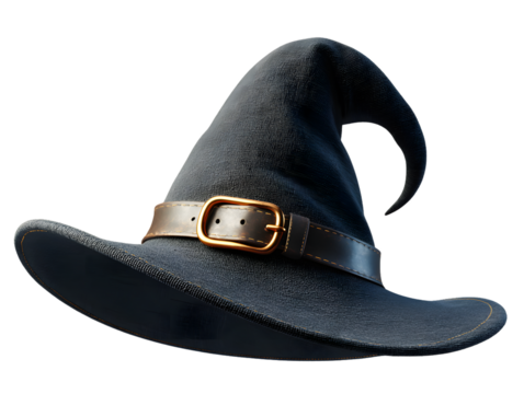 Cute cartoon witch hat with tilted tip and stylish buckle isolated on transparent background, playful whimsical vector illustration