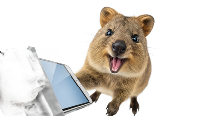 Quokka interacting with a tablet device on a white background.
