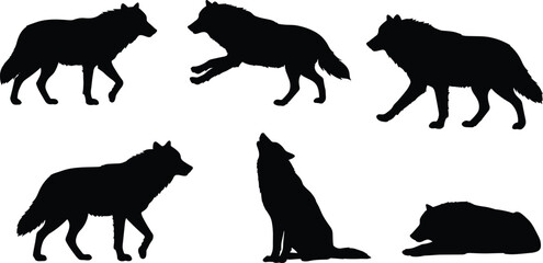 Wolf silhouette collection, wild animal vector, walking wolf, running wolf, standing wolf, sitting wolf, howling wolf, resting wolf, cad drawing flat vector illustration