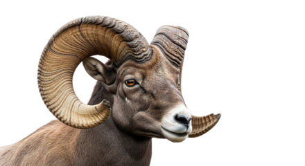Ram head with large curved horns isolated on white background.