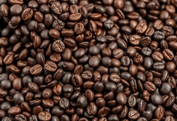 Obraz premium Dark roasted coffee beans tumbling onto a pile of others, grain, cafe