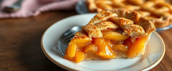 Golden-brown peach pie slice, lattice crust, juicy filling, food, pie slice