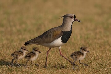 Fototapeta premium Southern lapwing walking with chicks 