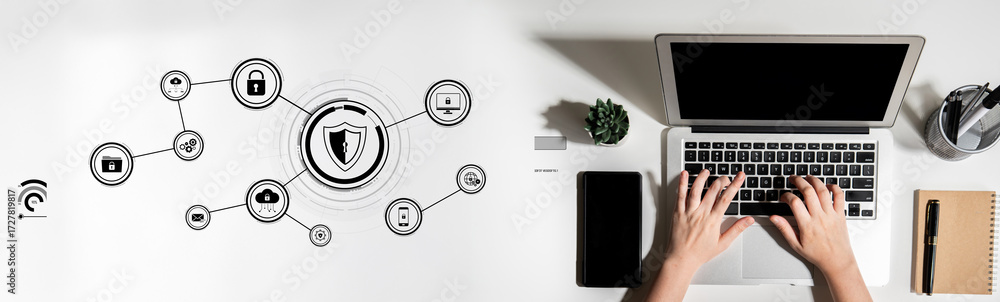 Poster cyber security protects against breaches, hacks, and network attacks using strong infrastructure and