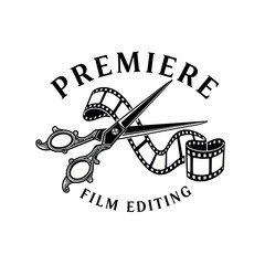A black and white illustration of scissors cutting through a film reel, symbolizing film editing.