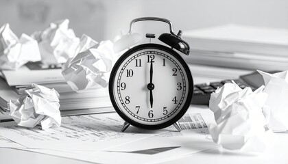 A monochrome close-up depicts a classic alarm clock amidst crumpled papers, documents, and a calculator, suggesting a scene of late-night work or missed deadlines