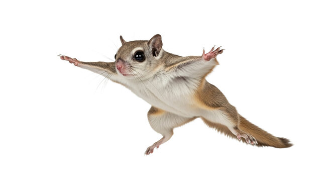 A flying squirrel gliding against a white background with outstretched limbs.
