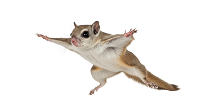 A flying squirrel gliding against a white background with outstretched limbs.