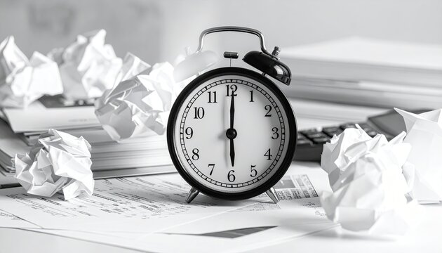 A monochrome close-up depicts a classic alarm clock amidst crumpled papers, documents, and a calculator, suggesting a scene of late-night work or missed deadlines