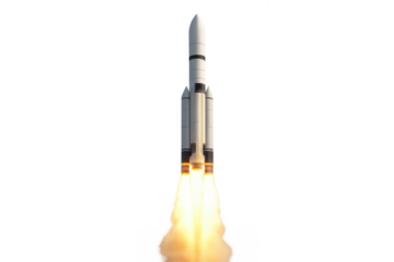 Rocket launching with powerful fiery exhaust on transparent background