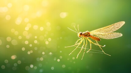Naklejka premium A delicate dragonfly with translucent wings hovers in the warm sunlight