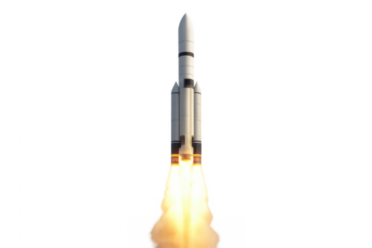 Rocket launching with powerful fiery exhaust on transparent background