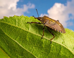Close-up of a brown insect on a green leaf against a partly cloudy sky