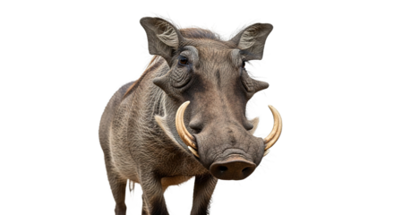 Warthog portrait headshot isolated on white background showing tusks and textured skin.