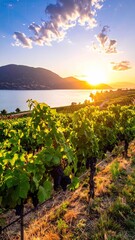 Naklejka premium Vineyard at sunset, overlooking a calm lake and distant mountains; sunlit grapes on vines, golden hour light