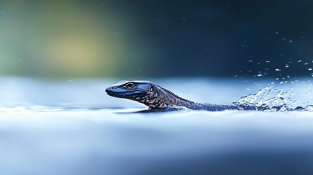A monitor lizard swims through the water, its head emerging from the blue surface