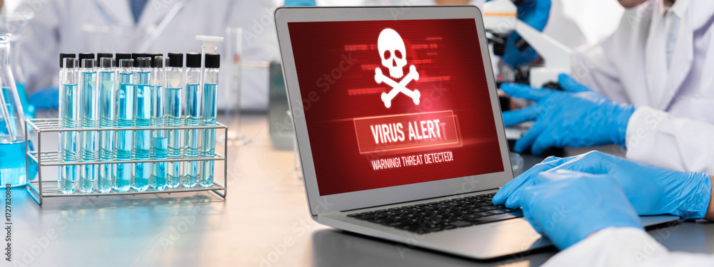 Aufkleber virus warning alert on computer screen detected brisk cyber threat , hacker, computer virus and malw