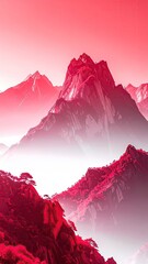 Crimson-hued mountain range shrouded in mist, peaks piercing a vibrant red sky, evoking serenity and mystery