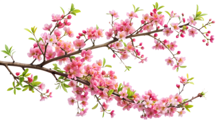 Cherry blossom branch isolated on transparent background, displaying the delicate pink flowers and fresh green leaves of the springtime bloom in a detailed composition