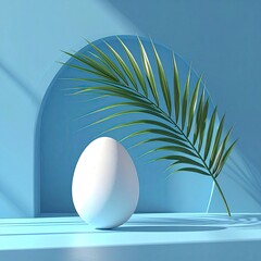 A single white egg rests beside a palm frond against a light blue, arched backdrop, bathed in sunlight