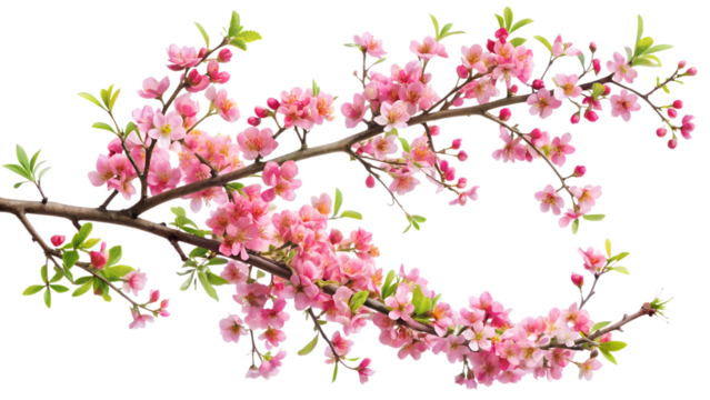 Cherry blossom branch isolated on transparent background, displaying the delicate pink flowers and fresh green leaves of the springtime bloom in a detailed composition