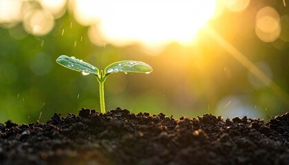 A tiny sprout emerges from dark soil, glistening with raindrops, bathed in the warm golden light of a setting sun