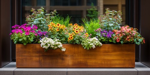 Fototapeta premium Large wooden planter with a variety of colorful flowers. The flowers include pink, yellow, and white