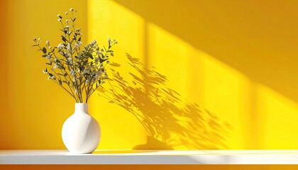 Sunlit white vase with delicate greenery sits on a shelf against a vibrant yellow wall, casting a long shadow