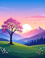 Serene sunset over a flowering tree in a picturesque valley, silhouetted against majestic mountains