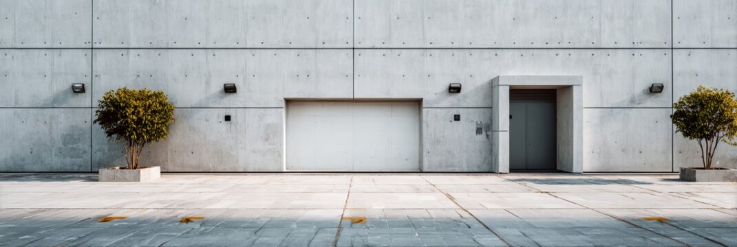 Large concrete building with a garage door. There are two small trees in front of the building