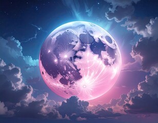 A luminous, pink and blue moon dominates a twilight sky, surrounded by soft, swirling clouds and radiant light bursts