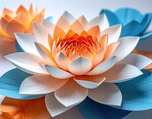 Close-up of three large, intricately crafted paper lotus flowers in peach, white, and teal hues against a light background
