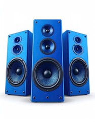 Three vibrant blue rectangular speakers with multiple drivers, arranged in a row against a white background