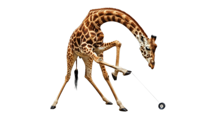 Giraffe playing with a yo-yo on a white background.