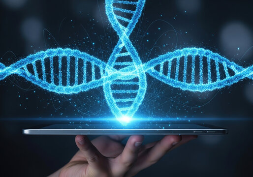 Genetics and genomics: Scientist with a transparent tablet displaying holographic DNA.