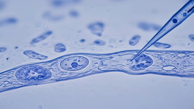 Close-up of cells under a microscope in a scientific setting.