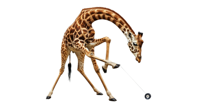 Giraffe playing with a yo-yo on a white background.