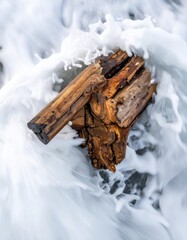 Weathered wood, partially submerged in churning white water, possibly on a beach